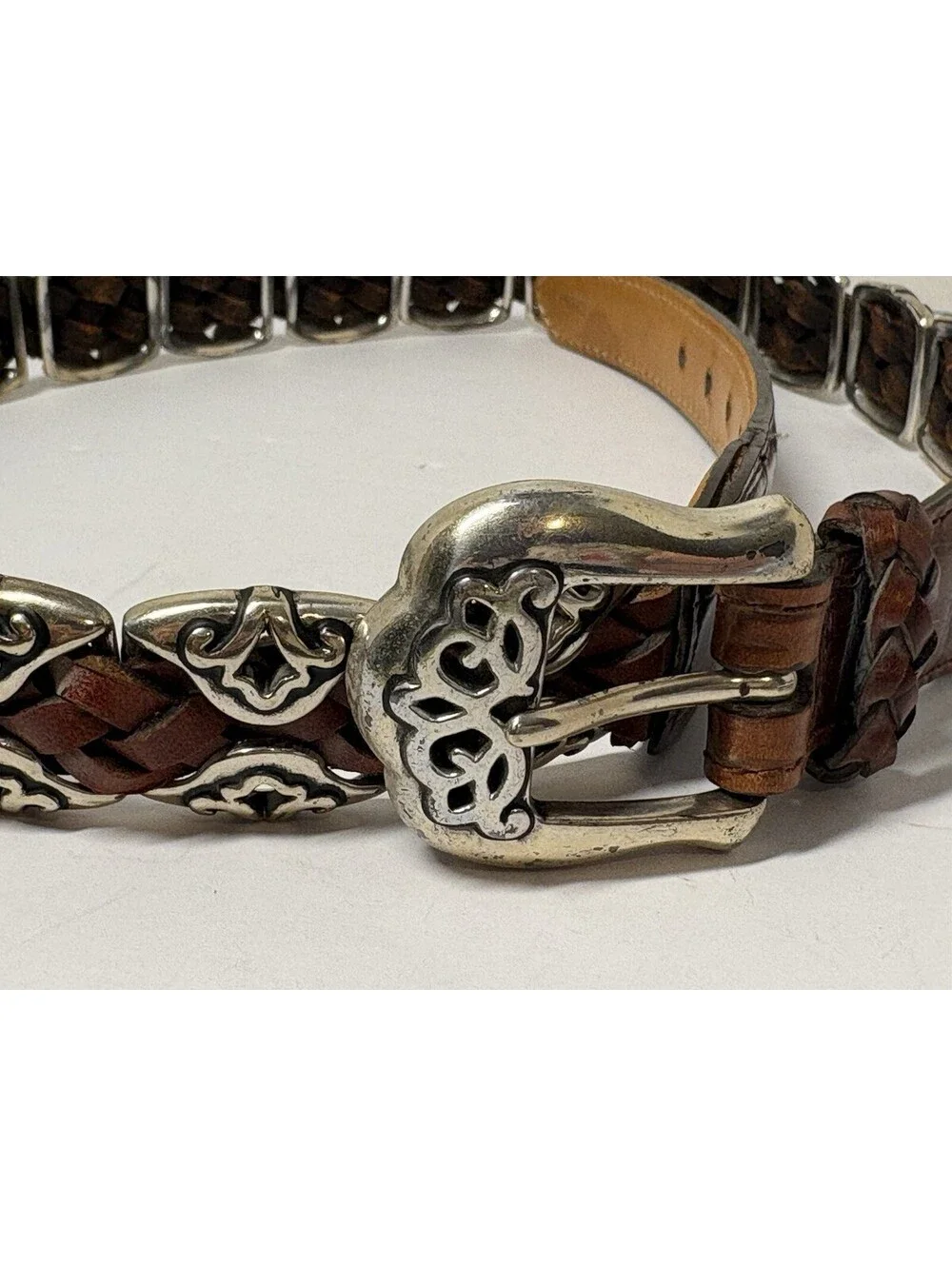 BRIGHTON Brown Leather Braided Belt 91807 Silver Tone Buckle & Conchos Size Med
